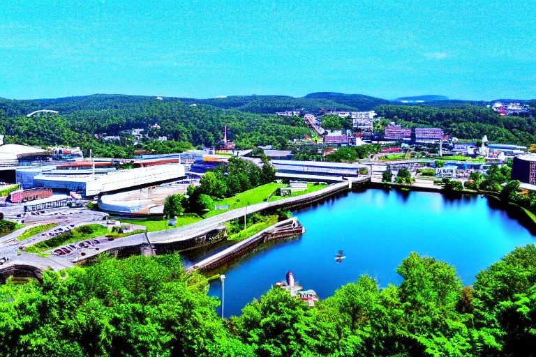 Image similar to bird's eye view photography of a small city. town hall, central farm, monorail station, inlet and shipping dock. hills, woods and pond to the north.