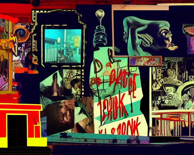 Prompt: photo of a theater stage with cut out collage, film noir, break of dawn on Jupiter, punk party, classic greek mythology, aquatical plants, steam punk grafitti, painted part by moebius, part by Art Spiegelman , composition by Ed Wood, Jr., VHS quality, digital glitches