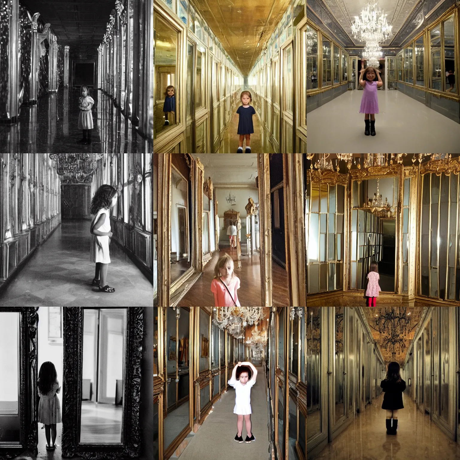 Prompt: a frightened little girl standing in a hall of mirrors