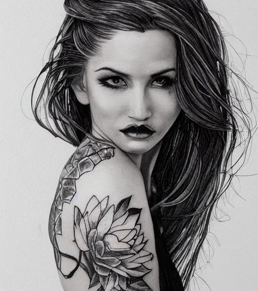 Image similar to tattoo design of beautiful woman portrait against a background of beautiful mountains and nature, in the style of den yakovlev, black and white, hyper realistic, highly detailed