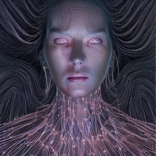 Image similar to Woman, body covered in spiky tesseract-shaped ice crystals on skin, 150mm, shiny, flat background, glowing, wires everywhere, by Edgar Maxence and Ross Tran, Zdzisław Beksiński, and Michael Whelan, distant, gustav dore, H.R. Giger, 8k, octane render