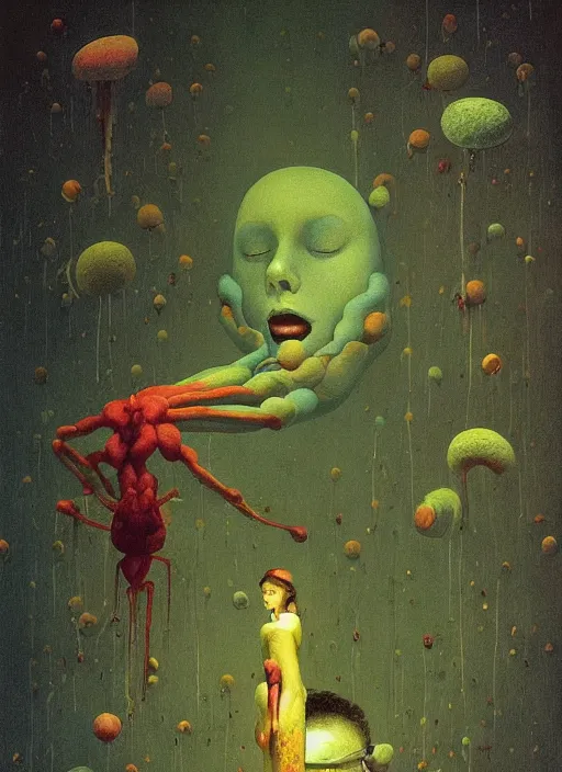 Image similar to She Eats Joyfully of the Suffocating Yellowcake Fruit and Her spiderlike gossamer glistening polyp blossoms bring iridescent fungal flowers whose spores black the foolish glaring stars Edward Hopper and James Gilleard, Zdzislaw Beksinski, Mark Ryden, Wolfgang Lettl highly detailed