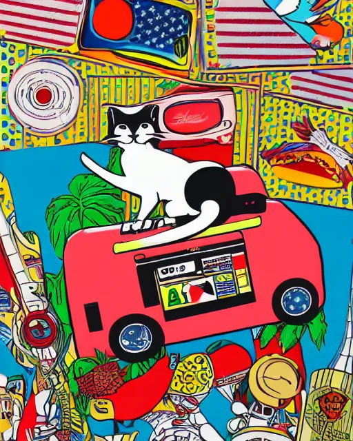 Image similar to small pop art collage mural with a cat, skateboard, boombox, american flag, a large taco, and a bird of paradise plant, by Alex Yanes