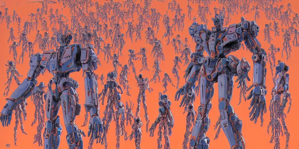 Prompt: risograph rendition of extremely - detailed white huge evangelion - like mech with a lot of orange tiny balls on it, children faces, ominous, intricate complexity, dramatic, epic composition, atmospheric, painting by moebius