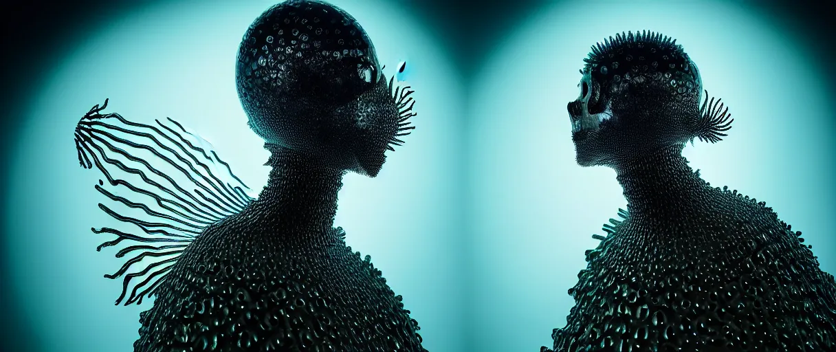 Image similar to hyperrealist highly detailed english medieval portrait of high fashion archangel trapped in ferrofluid sinkhole ferrofluid alien liquid, radiating atomic neon corals, veiny network growth with ghostly ghost translucent ghost armor, concept art pascal blanche dramatic studio lighting 8k wide angle shallow depth of field