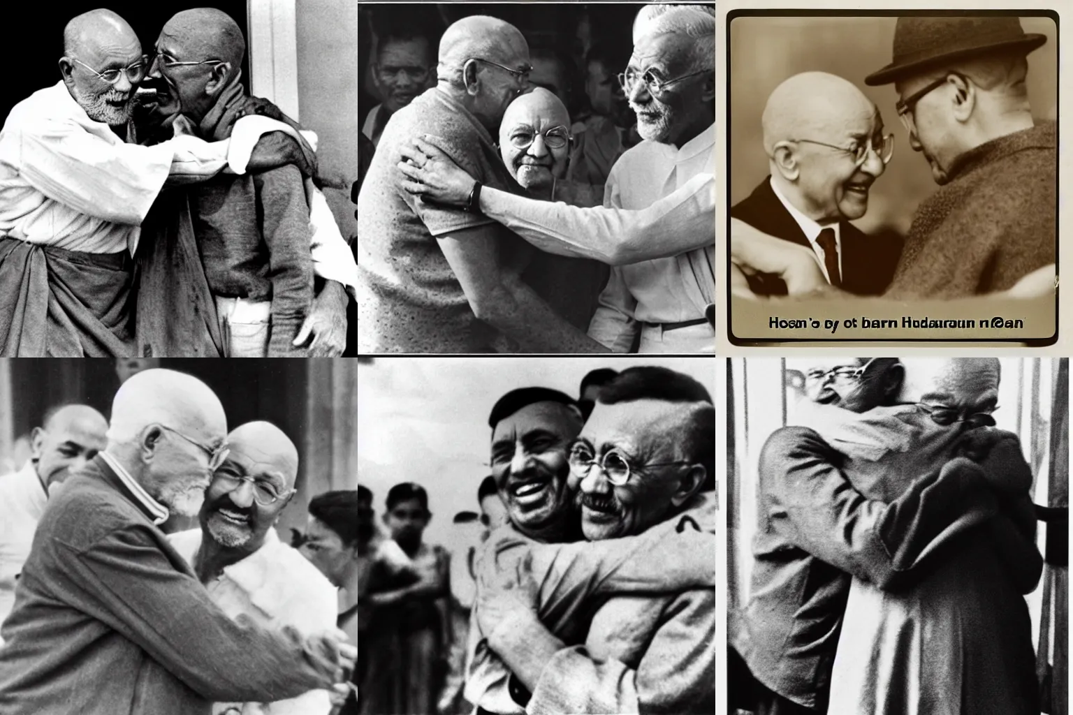 Prompt: Ghandi Hugging a hamburger