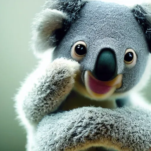 Image similar to cute koala as a muppet, intricate detail, beautiful aesthetic, photorealistic, award winning professional cinematic composition, dramatic lighting, 8 k