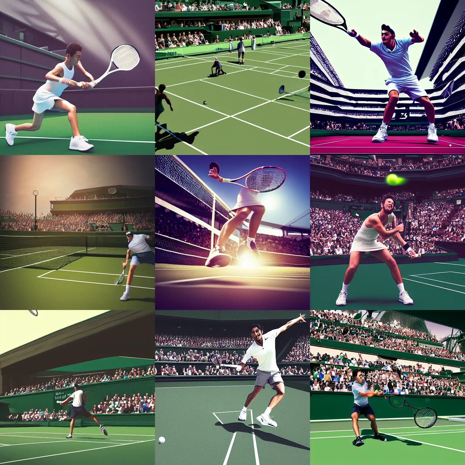 Prompt: a rendered image of a tennis player smashing the ball on center court at wimbledon, dynamic lighting, by nick silva and mumford, trending on artstation, instagram