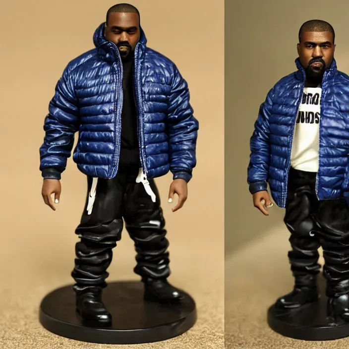 Prompt: a goodsmile figure of kanye west using full face - covering mask with small holes. a small, tight, undersized reflective bright blue round puffer jacket made of nylon. a black shirt underneath. dark jeans pants. a pair of big black rubber boots, figurine, detailed product photo