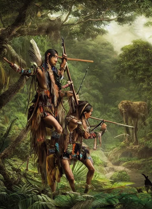 Image similar to two indigenous people hunting together in the jungle, fantasy art, highly detailed, matte painting