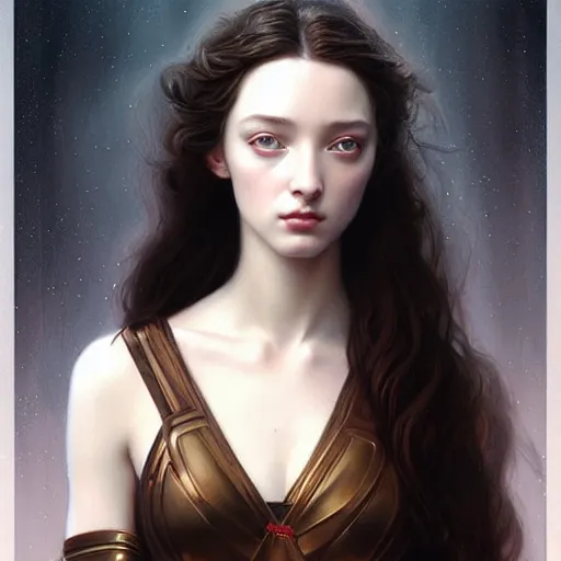 Image similar to beautiful striking Pre-Raphaelite Emma Dumont by Artgerm and Greg Rutkowski, intricate, elegant, highly detailed, digital painting, pale