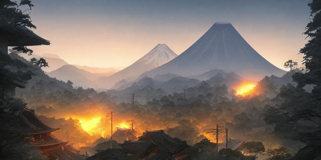 Prompt: a powerful japanese village high in mountains, blue beam of light, calm morning, fanart artstation global illumination rtx hdr fanart arstation 3 d, volcano, concept art by greg rutkowski and laurie greasley, forest, fantastic landscape, 8 k, cinematic color grading