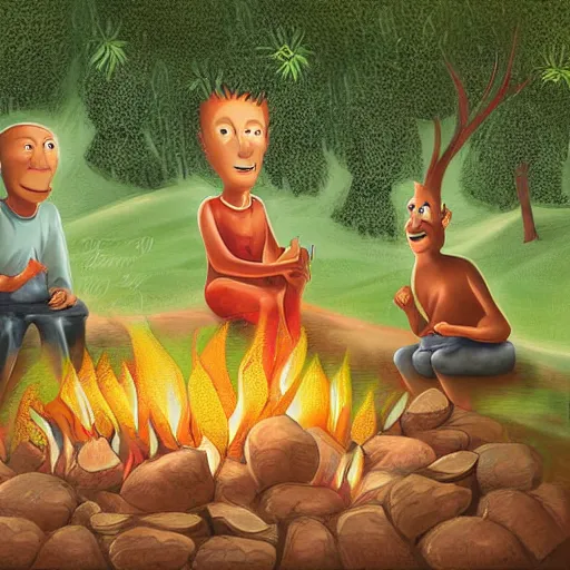 Image similar to anthropomorphic prunes sit around a campfire having a discussion on the taste of pineapples, digital art