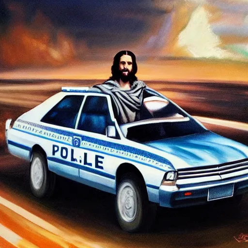 Image similar to hyperrealism painting of jesus christ on top of a police car in a police chase