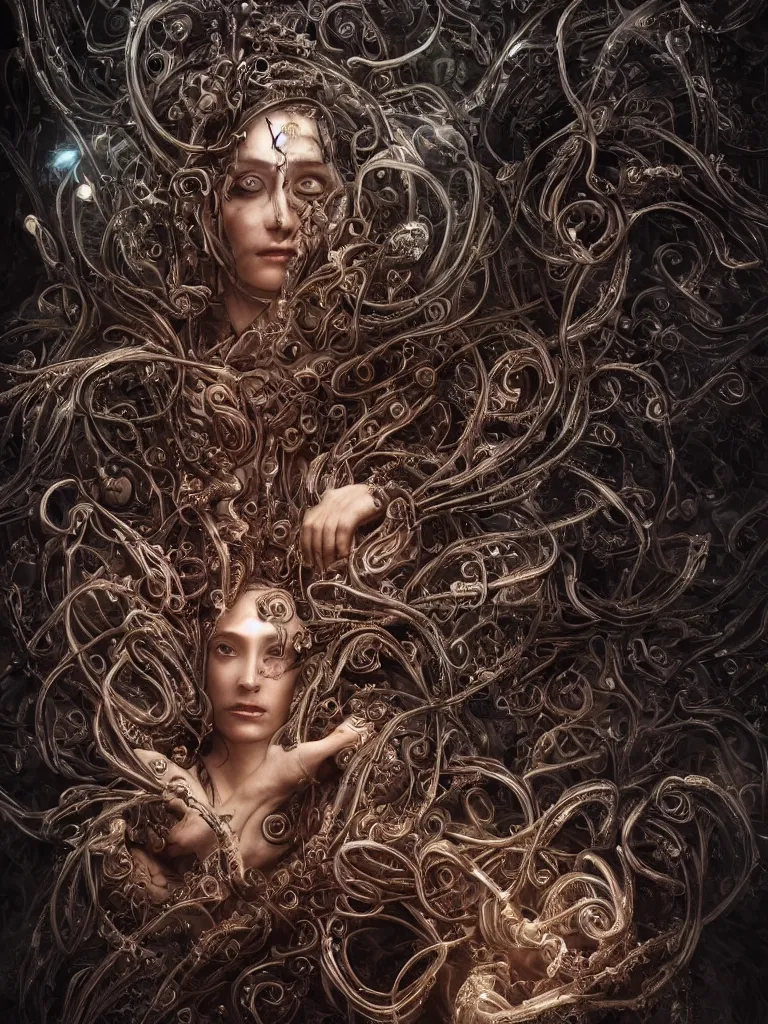 Image similar to beautiful portrait of the priestess of pain and sorrow, bio-mechanical cathedral ,intricate tendrils, chaotic swirling ferrofluids, baroque, octane render, glow, surreal dramatic lighting, intricate details and ornaments, 8k, cinematic, blur, shallow depth of field