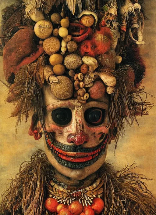 Image similar to a surreal painting of a shaman's face, by Giuseppe Arcimboldo, voodoo, occult, cosmic, symbolist, soft colors, dramatic lighting, smooth, sharp focus, extremely detailed, aesthetically pleasing composition