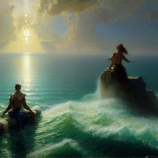 Image similar to point of view, you are deep in the ocean looking up, you see fishes, flora and fauna, higher you see the splendorous milk way illuminating the sea. highly detailed painting by gaston bussiere, greg rutkowski 8 k