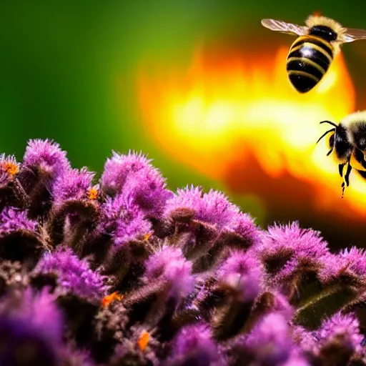 Image similar to a bee trying to reach a flower in a forest on fire, beautiful macro photography, ambient light