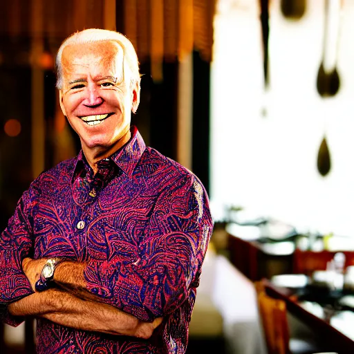 Image similar to A Photo Portrait of Joe Biden Wearing Indonesian Batik Tulis at a fancy Balinese restaurant, award winning photography, sigma 85mm Lens F/1.4, blurred background, perfect faces