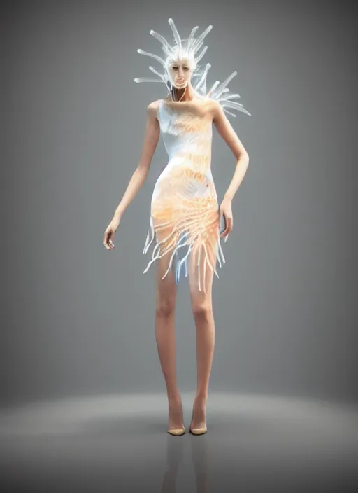 Image similar to A beautiful fashion model wearing a jelly fish dress, 3D Fashion, Professional Fashion, Octane Render, Trending on ArtStation, Aesthetic, Studio Quality Lighting