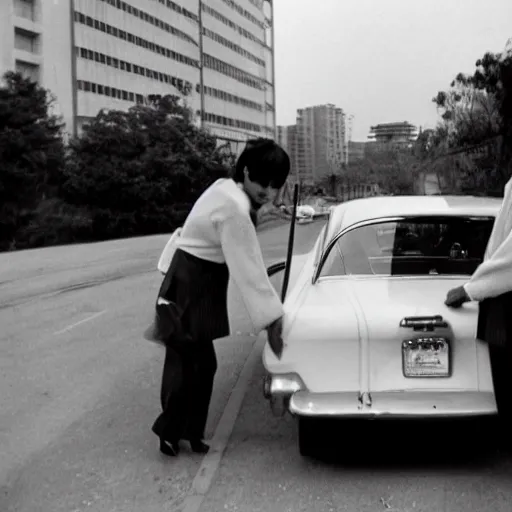 Image similar to 1960s press archive of the actress Choi Eun-Hee and director Shin Sang-ok coming out of a car, faces obscured, Reuters, 35mm film, film grain, mysterious exterior, underexposed