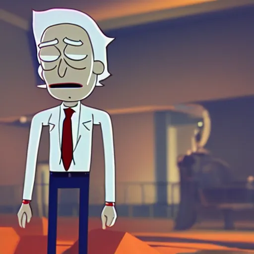 Image similar to Donald Trump with ricks body from Rick & Morty, realistic artstyle, wide shot, dramatic lighting, octane render, hyperrealistic, high quality, highly detailed, HD, beautiful, cinematic, 8k, unreal engine, facial accuracy, symmetrical