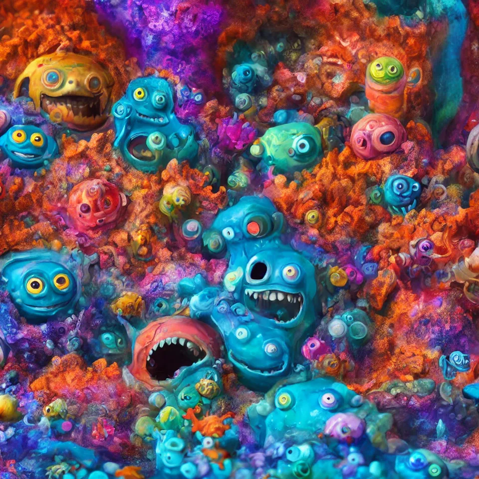 Image similar to of a colorful deep sea cave with strange cute friendly happy creatures with huge eyes, mouth, long tongue and round teeth appearing from sandy coral, in the style of gehry and gaudi, macro lens, shallow depth of field, ultra detailed, digital painting, trending artstation, concept art, illustration, cinematic lighting, photorealism, epic, octane render