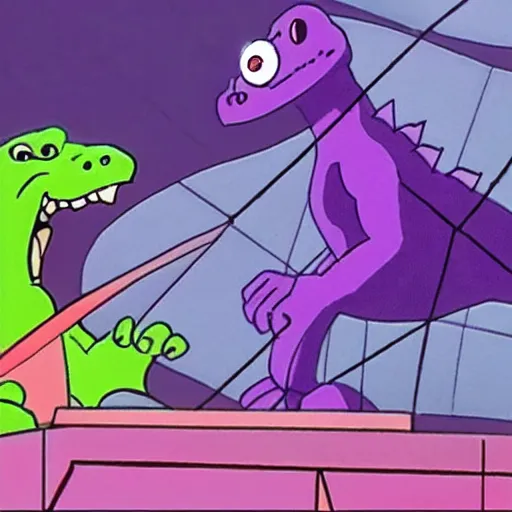 Prompt: barney the purple dinosaur fights godzilla for control of tokyo, file footage