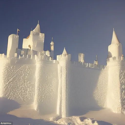 Prompt: A castle made entirely of ice, with snow-capped towers and a frozen moat