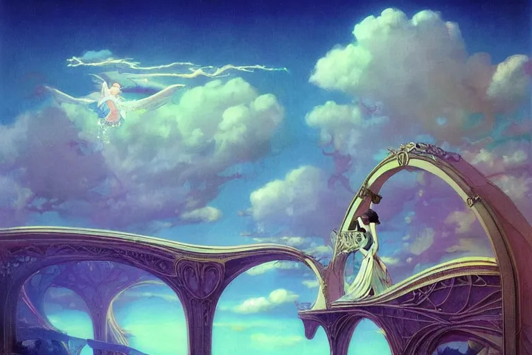 Image similar to Surreal, bridge between the worlds, fairy magnificent, elegant, art nouveau, white sweeping arches, surreal hybrid animals of neon colors in the sky, dramatic lighting, by Studio Ghibli, Brom,