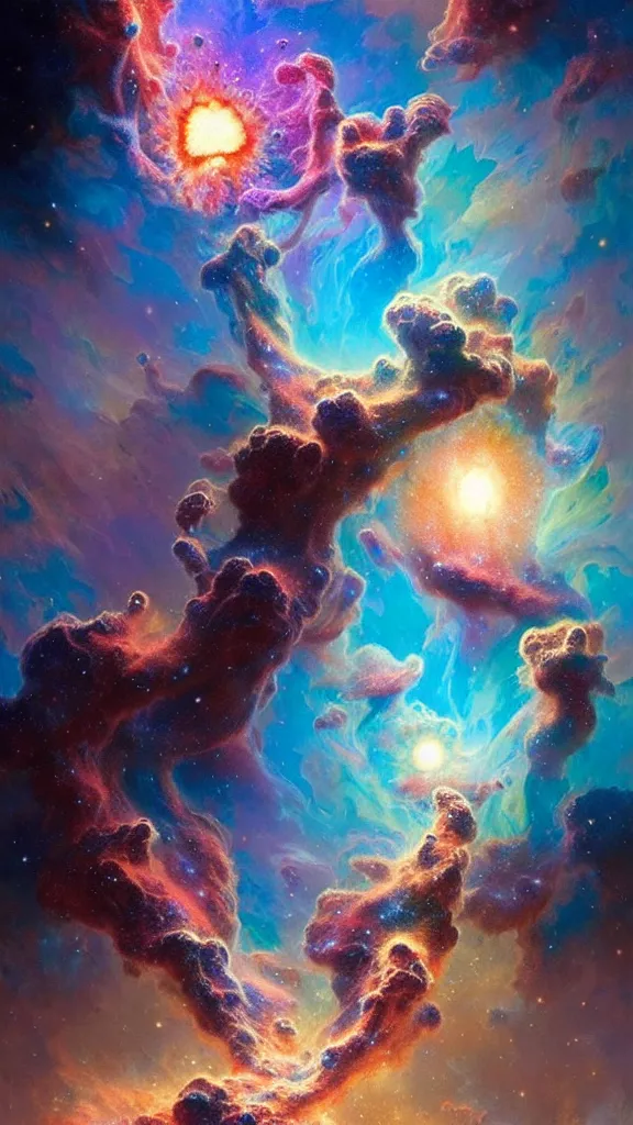 Image similar to psychedelic transcendent puffs! of smoke explosion, space, supernova, nebulae, pillars of creation, enlightenment, high contrast lighting, highly detailed, concept art, art by collier, albert aublet, krenz cushart, artem demura, alphonse mucha