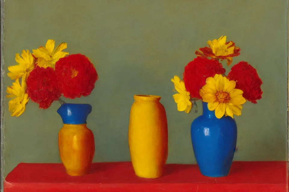 Image similar to red cude and yellow vase, blue book, photo