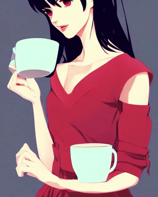 Image similar to a portait of a beautiful dark haired french girl, attractive collarbone and shoulders, holding a mug of hot tea. In the style of ilya kuvshinov, high resolution, pixiv, fanbox, skeb.jp, clipstudio, medibang, ichi-up, CGWORLD, manga cover