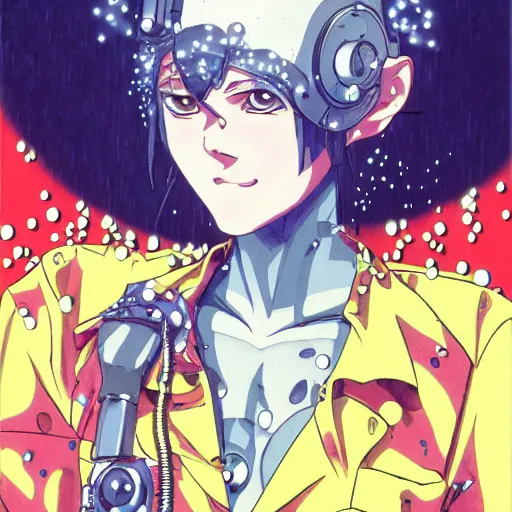 Prompt: anime of a punk cyborg woman, water particles floating in the air, finely detailed facial features, weathered drawing, film grain, bright neon lighting, dark pastel colors, drawn by satoshi kon, katsuhiro otomo