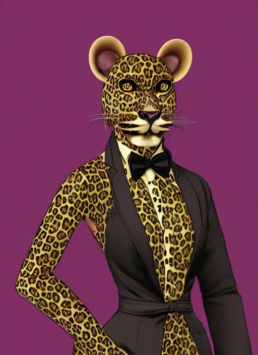 Image similar to commission of a beautiful portrait of a female anthro leopard fursona wearing a dress shirt and bowtie in a futuristic casino. character design by Kinoshita Jiroh, Hyaku. Detailed, soft lighting, rendered in octane