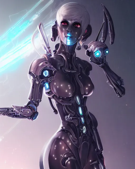 Image similar to holy cyborg necromancer girl, elegant, perfect face, scifi, futuristic, utopia, garden, illustration, atmosphere, warframe, blue eyes, white hair, blade runner, artstation, nier automata, highly detailed, art by yuhong ding and chengwei pan and serafleur and ina wong