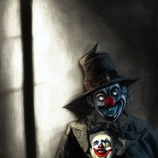 Image similar to a creepy clown waiting in the dark, concept art, shadows, painting, highly detailed