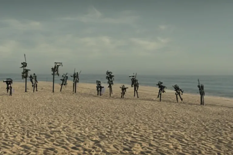 Prompt: cinematography evil demon robots climbing out of the sand on the beach in Santa Monica by Emmanuel Lubezki