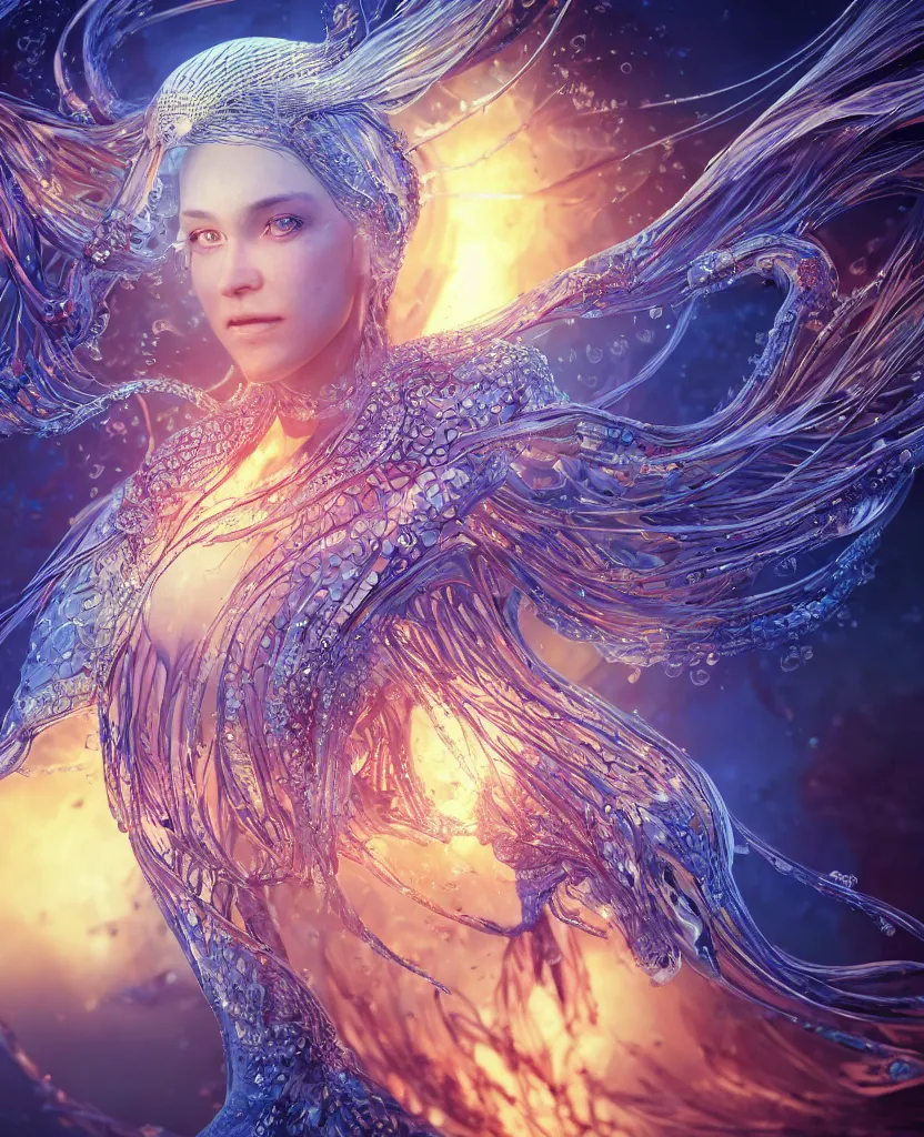 Image similar to close-up macro portrait of the face of a beautiful princess, epic angle and pose, symmetrical artwork, 3d with depth of field, blurred background, cybernetic jellyfish female face skull phoenix bird, translucent, nautilus, energy flows of water and fire. a highly detailed epic cinematic concept art CG render. made in Maya, Blender and Photoshop, octane render, excellent composition, cinematic dystopian brutalist atmosphere, dynamic dramatic cinematic lighting, aesthetic, very inspirational, arthouse. y Greg Rutkowski, Ilya Kuvshinov, WLOP, Stanley Artgerm Lau, Ruan Jia and Fenghua Zhong