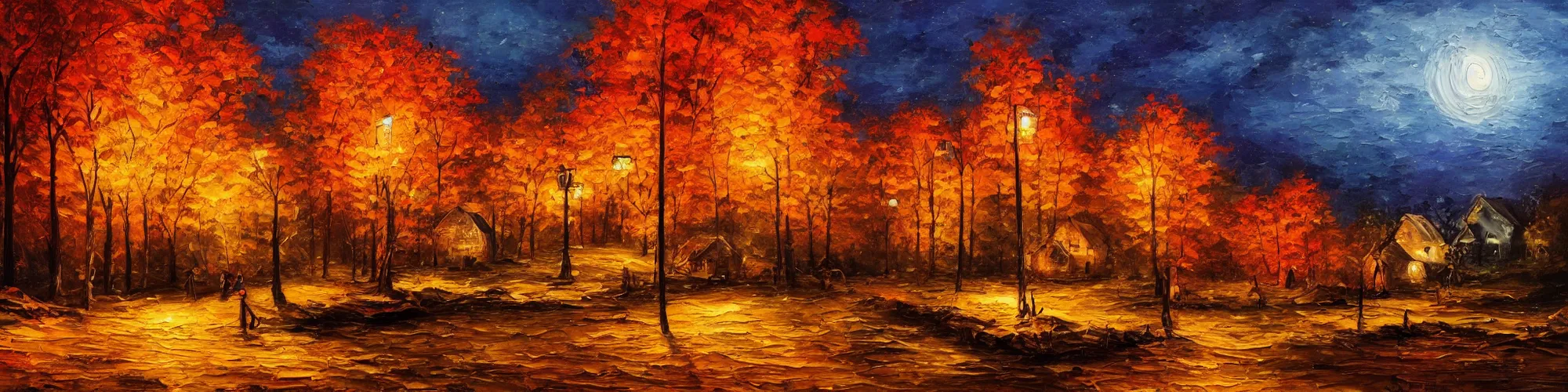 Prompt: painting of autumn village landscape during night, award winning painting, beautiful, breathtaking, stunning scenery, trending on artstation, masterpiece, high definition, 8 k