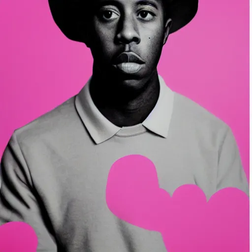 Image similar to greyscale magazine cutout of Tyler the Creator pasted on a pink background