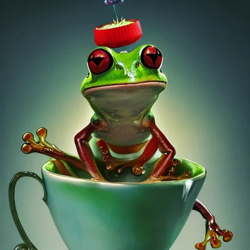 Prompt: long shot of a crazy cute frog baby sitting in a searose cup, by esao andrews, by m. w. kaluta, very humorous illustration, small depth of field, perspective perception, volumetric light, psychedelic colors, 3 d octane render, 8 k, conceptart, hyperdetailed, hyperrealistic, trending on artstation