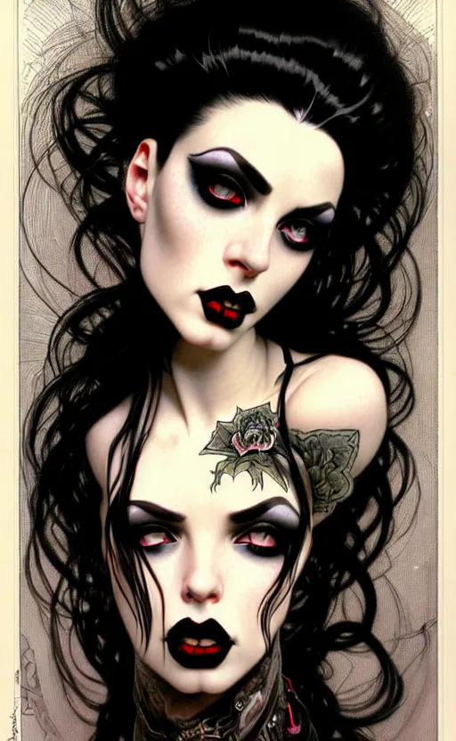 Image similar to with goth girl lips, eyes, jaw and long, thick shining black hair, thick eyebrows and long eyelashes, wearing in black clothes, beautiful eyes, burlesque psychobilly, rockabilly, punk, white background, drawing, illustration by fantasy art, in the style of greg rutkowski, intricate, alphonse mucha, hyper detailed, smooth
