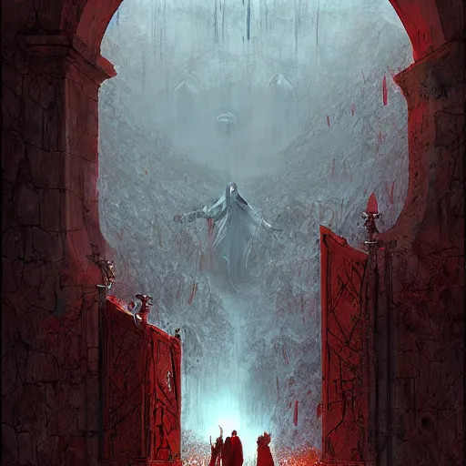 Image similar to Dante Alighieri and the poet Virgil walking through the gates of hell, by Marc Simonetti