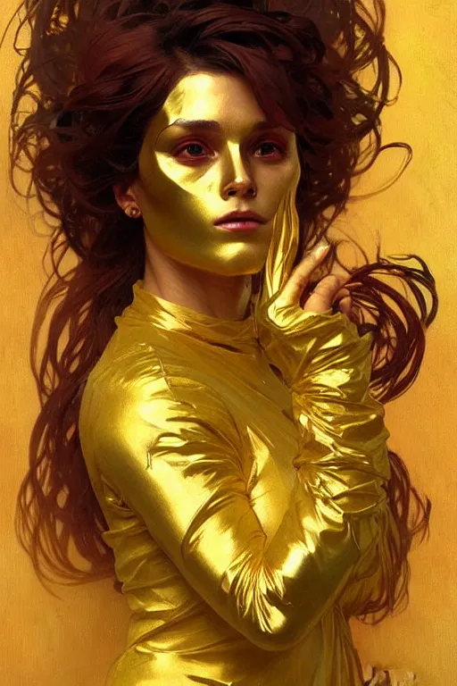 Image similar to A woman wearing golden mask, hair like fire, painting by greg rutkowski and alphonse mucha