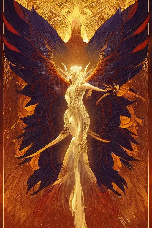 Prompt: phoenix bahamut with wings of fireflies and flameches, flames intricate stainglass background, elegant, thin intricate art nouveau frame, highly detailed, digital painting, artstation, concept art, matte, sharp focus, illustration, art by Artgerm and Greg Rutkowski and Alphonse Mucha