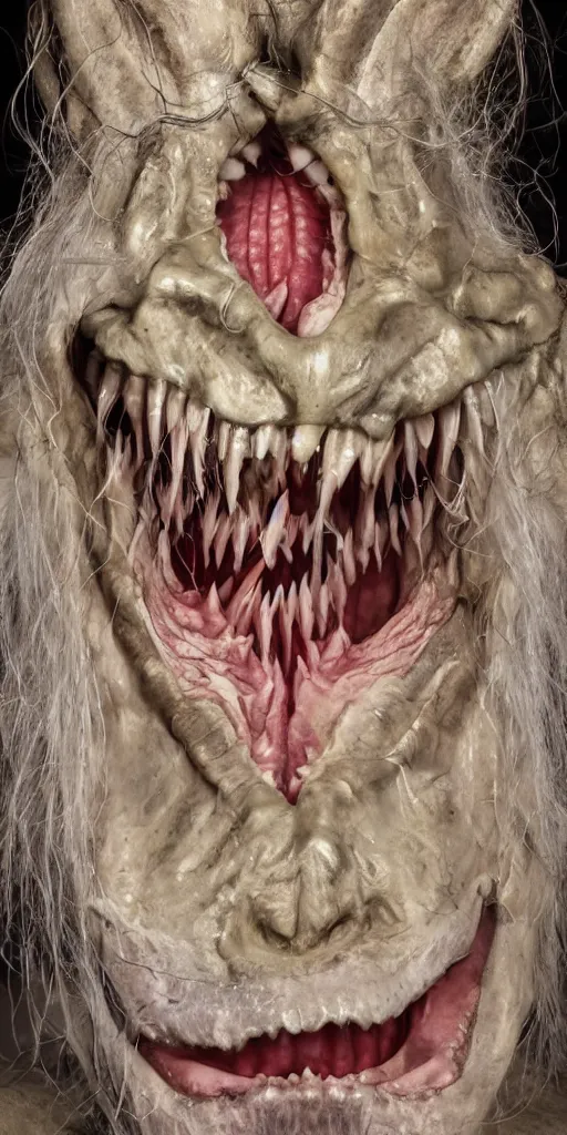 Image similar to a frontal studio headshot photograph of an elder demon. a large lily asiatic with teeth.