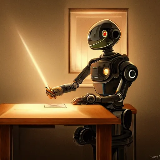 Image similar to a robot sat at a table writing a letter, intricate, cinematic lighting, highly detailed, digital painting, artstation, concept art, smooth, sharp focus, illustration