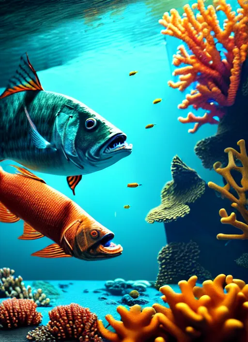 Image similar to hyperrealism, detailed textures, photorealistic 3 d render, an underwater scene with brightly coloured fish smoking cigars, brightly coloured coral, ultra realistic, ultra high pixel detail, cinematic, intricate, cinematic light, octane render, concept art, illustration, art station, unreal engine 8 k