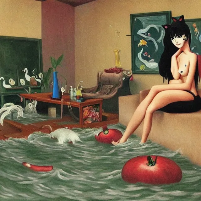 Prompt: emo catgirl artist in her flooded lounge room, painting of flood waters inside an artist's loungeroom, a river flooding indoors, pomegranates, pigs, ikebana, water, octopus, river, rapids, waterfall, black swans, canoe, berries, acrylic on canvas, surrealist, by magritte and monet